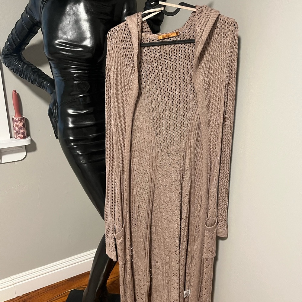 Taupe Knit Hooded Cardigan Sweater